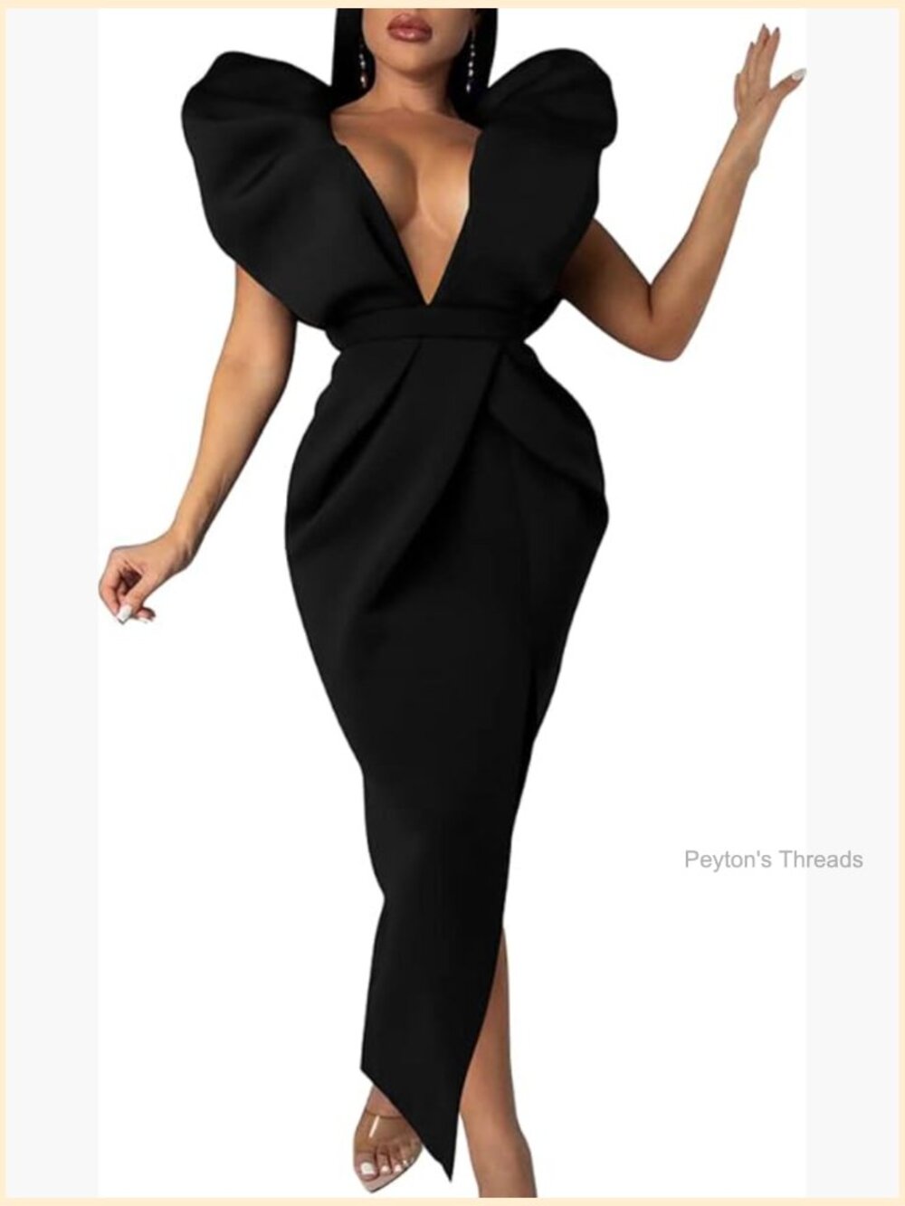 Deep V-Neck Puff Sleeve Side Split Ruched Backless Gown Dress
